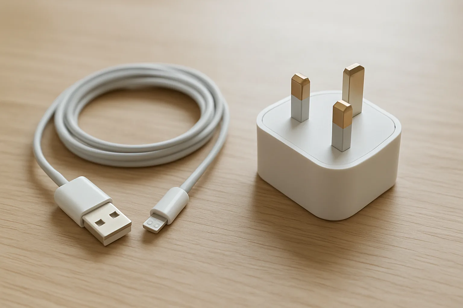 Chargeur blanc à fiche britannique à trois broches et câble USB posés sur une table en bois clair
