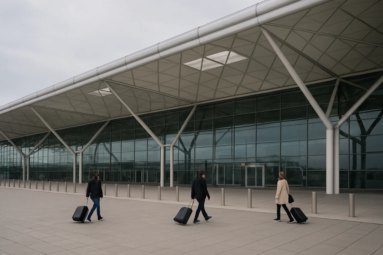 Façade vitrée et toiture à structure arborescente d'un terminal d'aéroport, voyageurs avec leurs valises