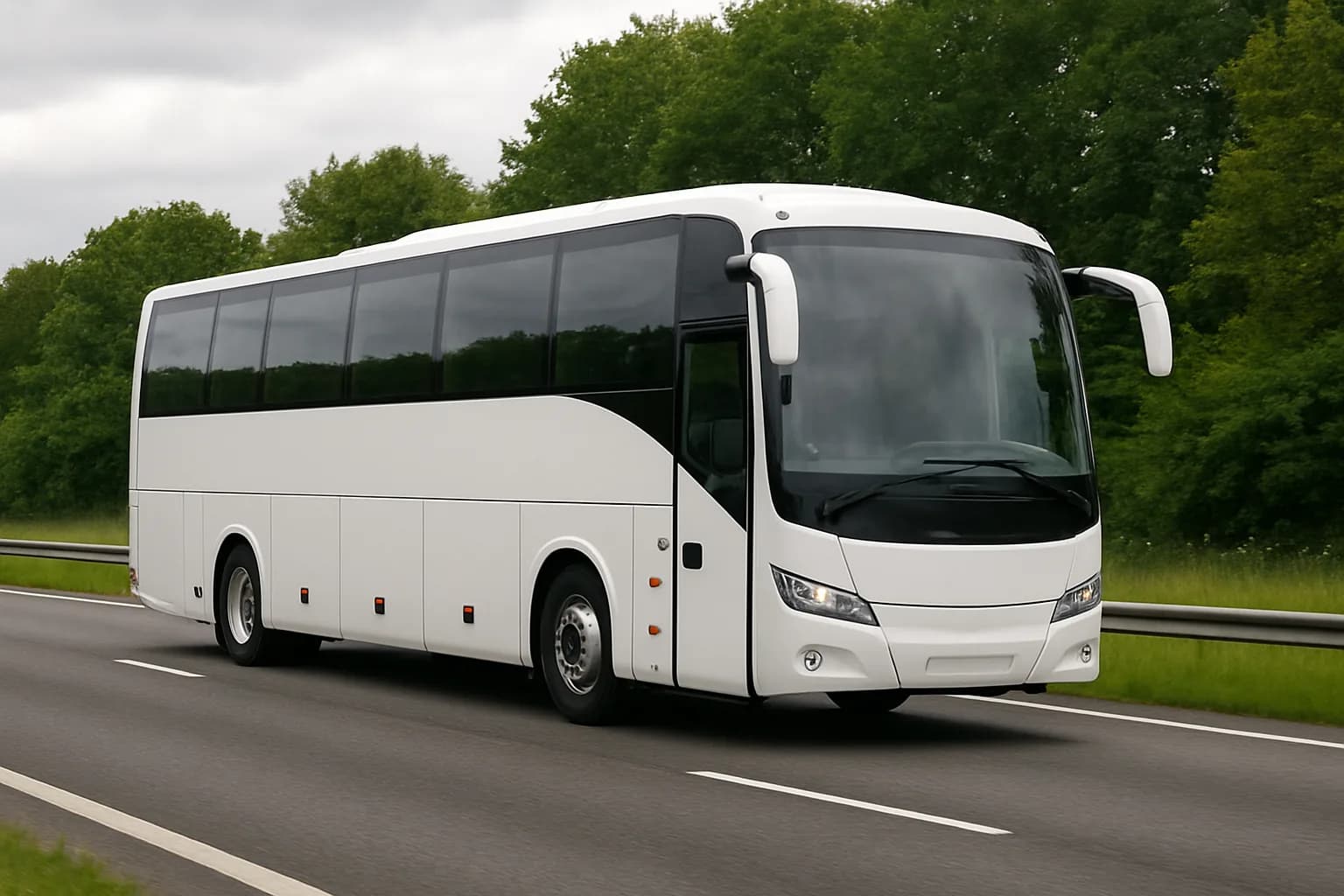 Autocar interurbain blanc roulant sur une route bordée d'arbres en Angleterre