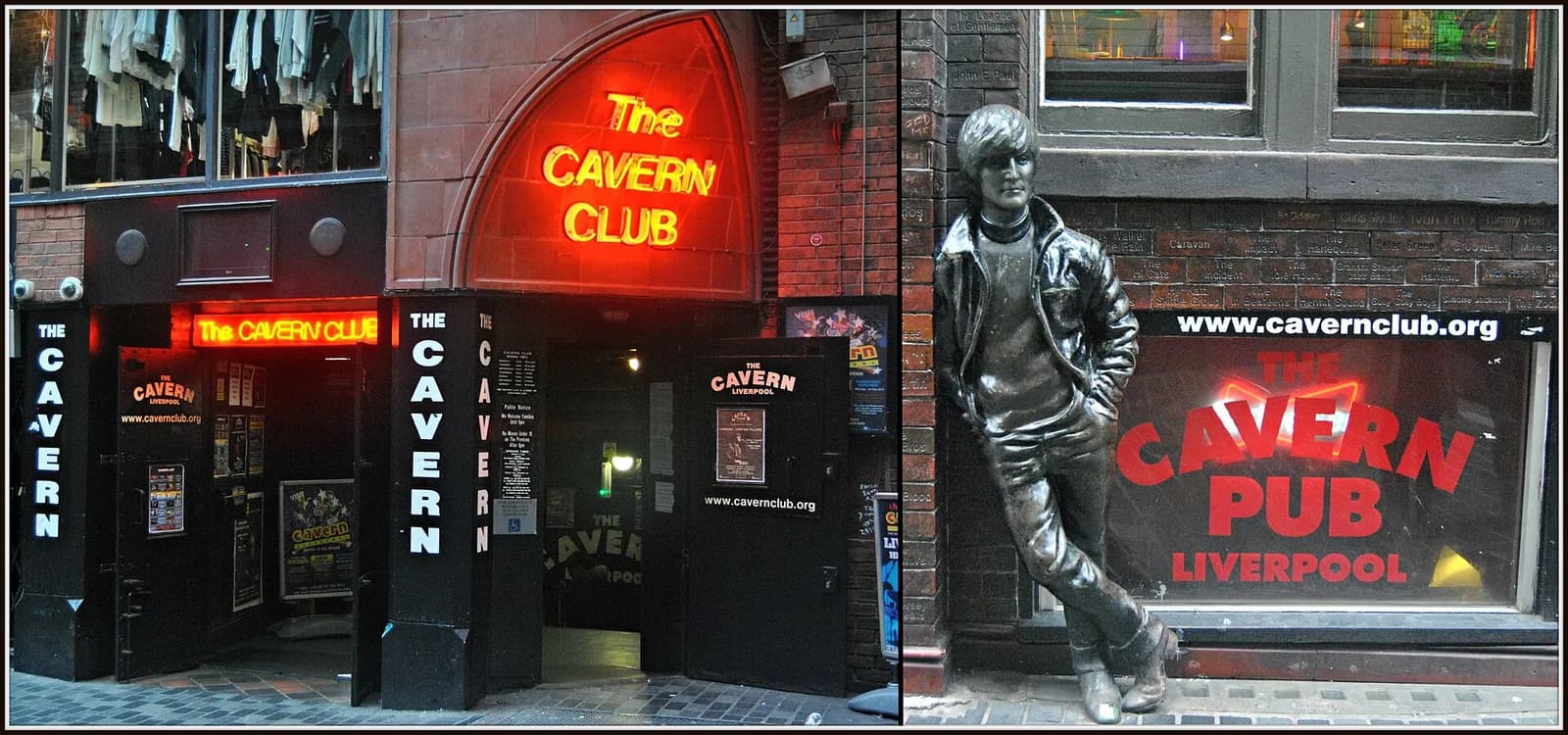 À gauche, l'entrée du Cavern Club dans Mathew Street ; à droite, une statue de John Lennon devant le Cavern Pub