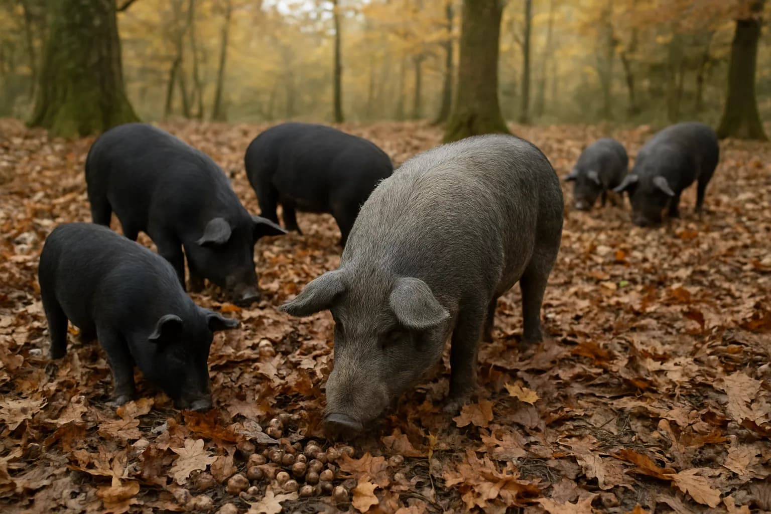 Cochons noirs fouillant les feuilles mortes et les glands dans un sous-bois d'automne