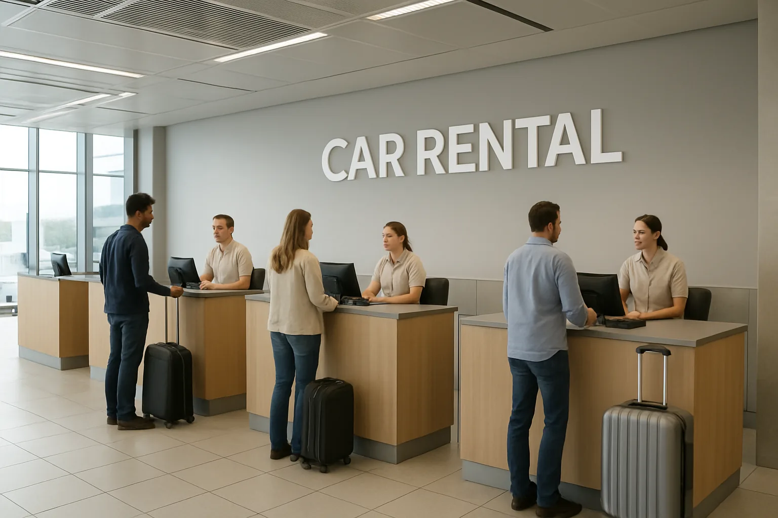 Comptoirs de location de voitures dans le hall d'arrivée d'un aéroport, avec des voyageurs et leurs valises face aux agents