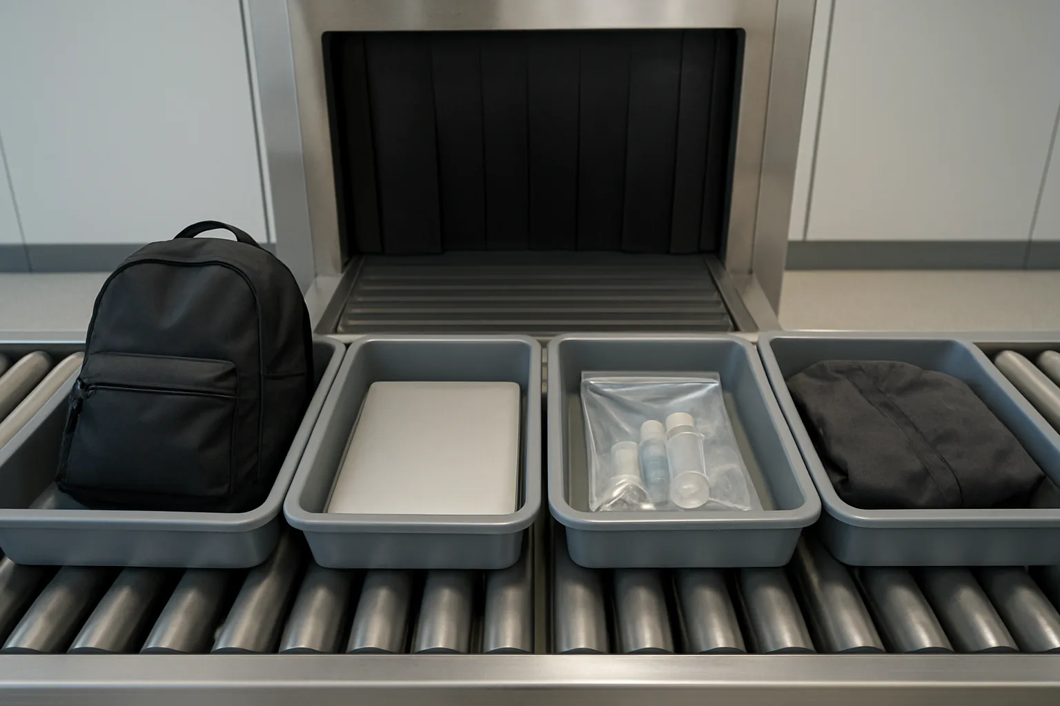 Sac à dos, ordinateur, trousse de liquides transparente et veste dans des bacs sur le tapis d'un contrôle de sécurité d'aéroport