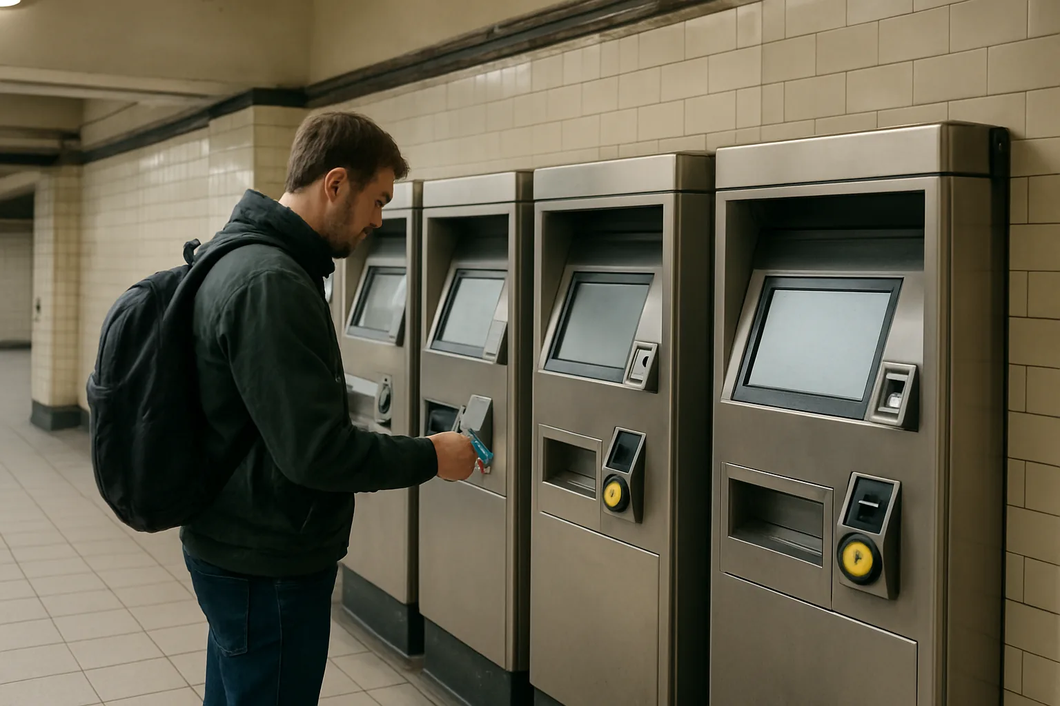Voyageur achetant un titre de transport à un distributeur dans une station de métro