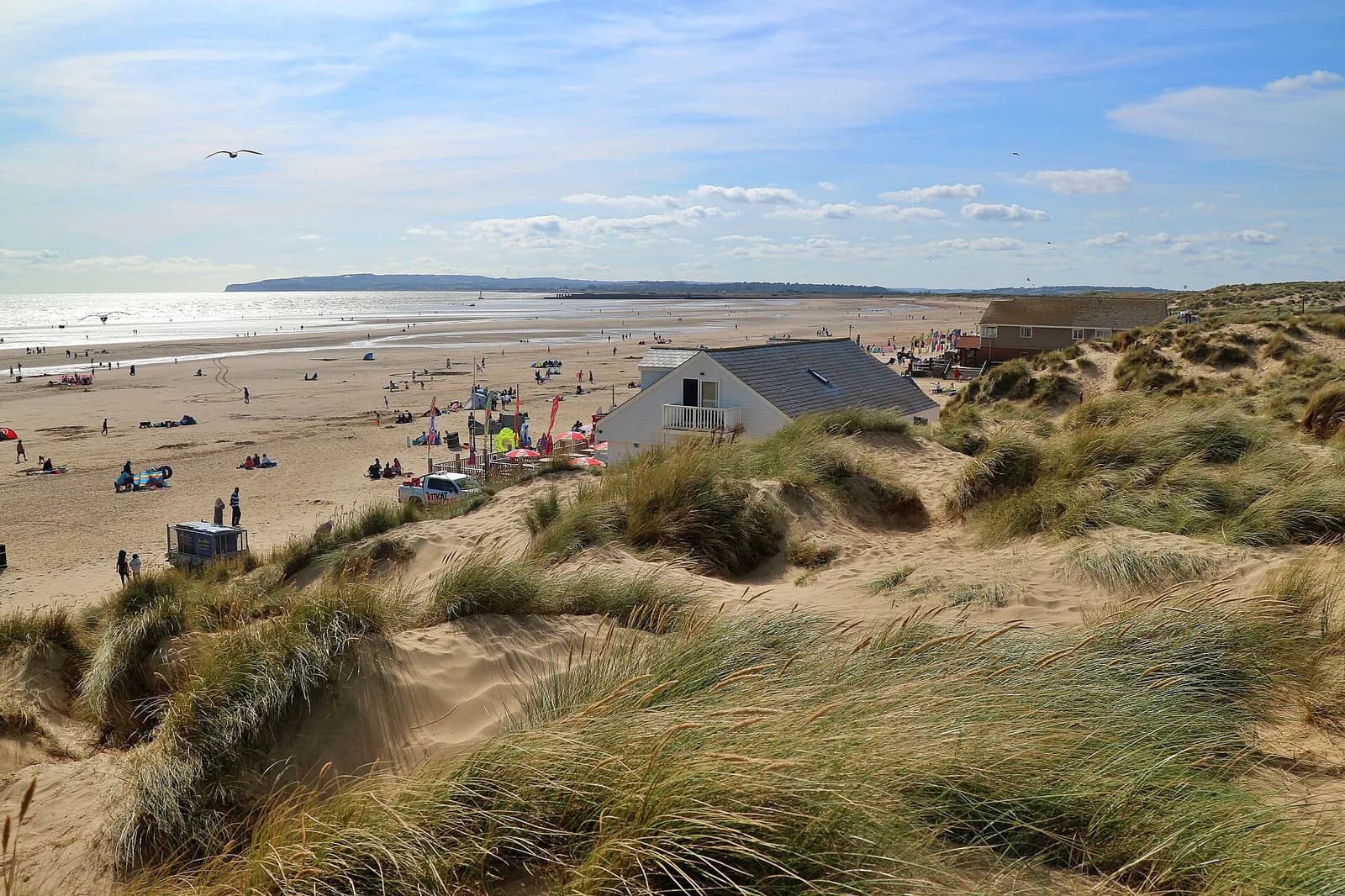 Dunes couvertes d'oyats et grande plage de sable à Camber Sands, près de Rye