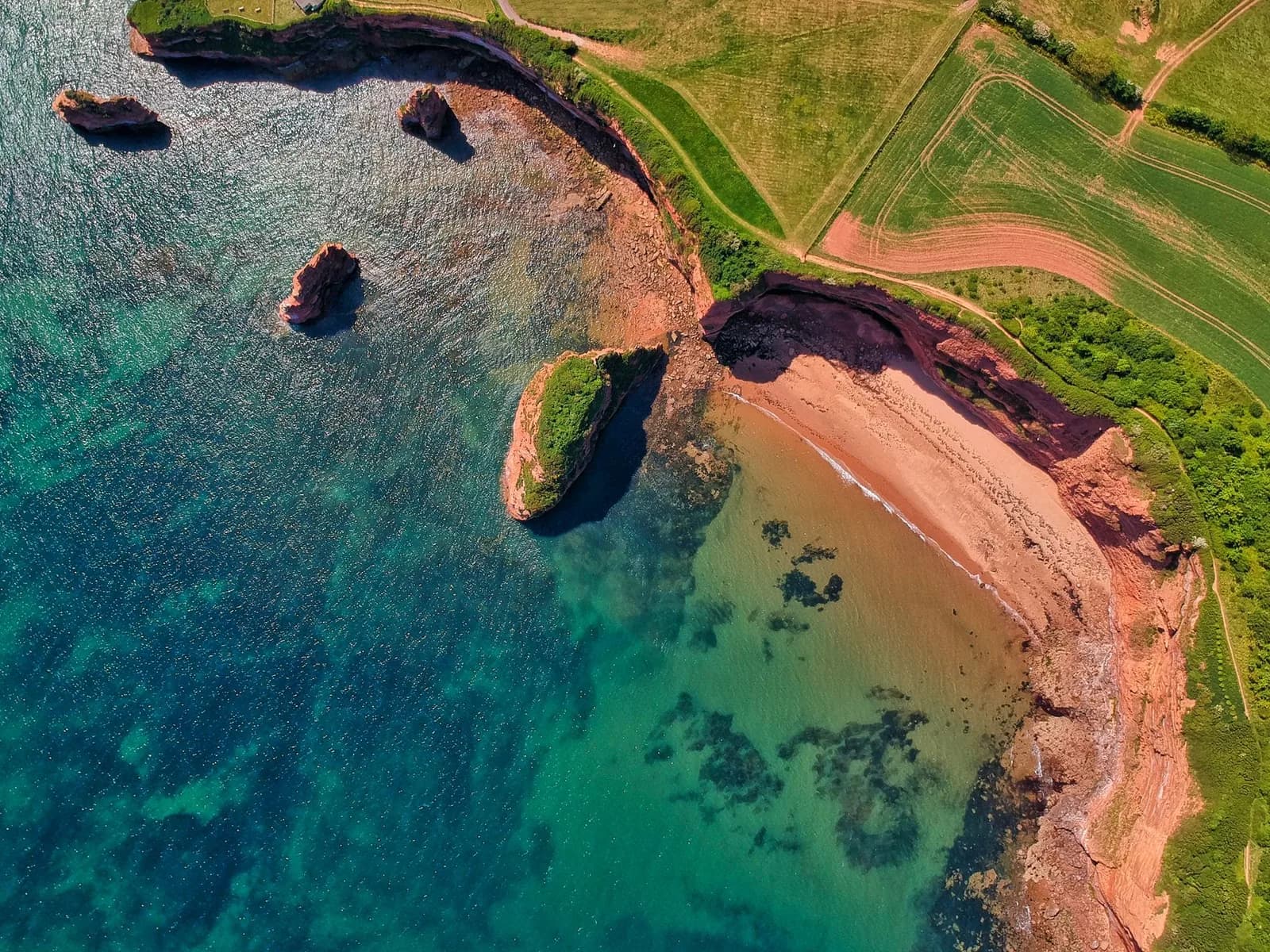 Falaises et aiguilles de grès rouge de Ladram Bay, dans l'est du Devon