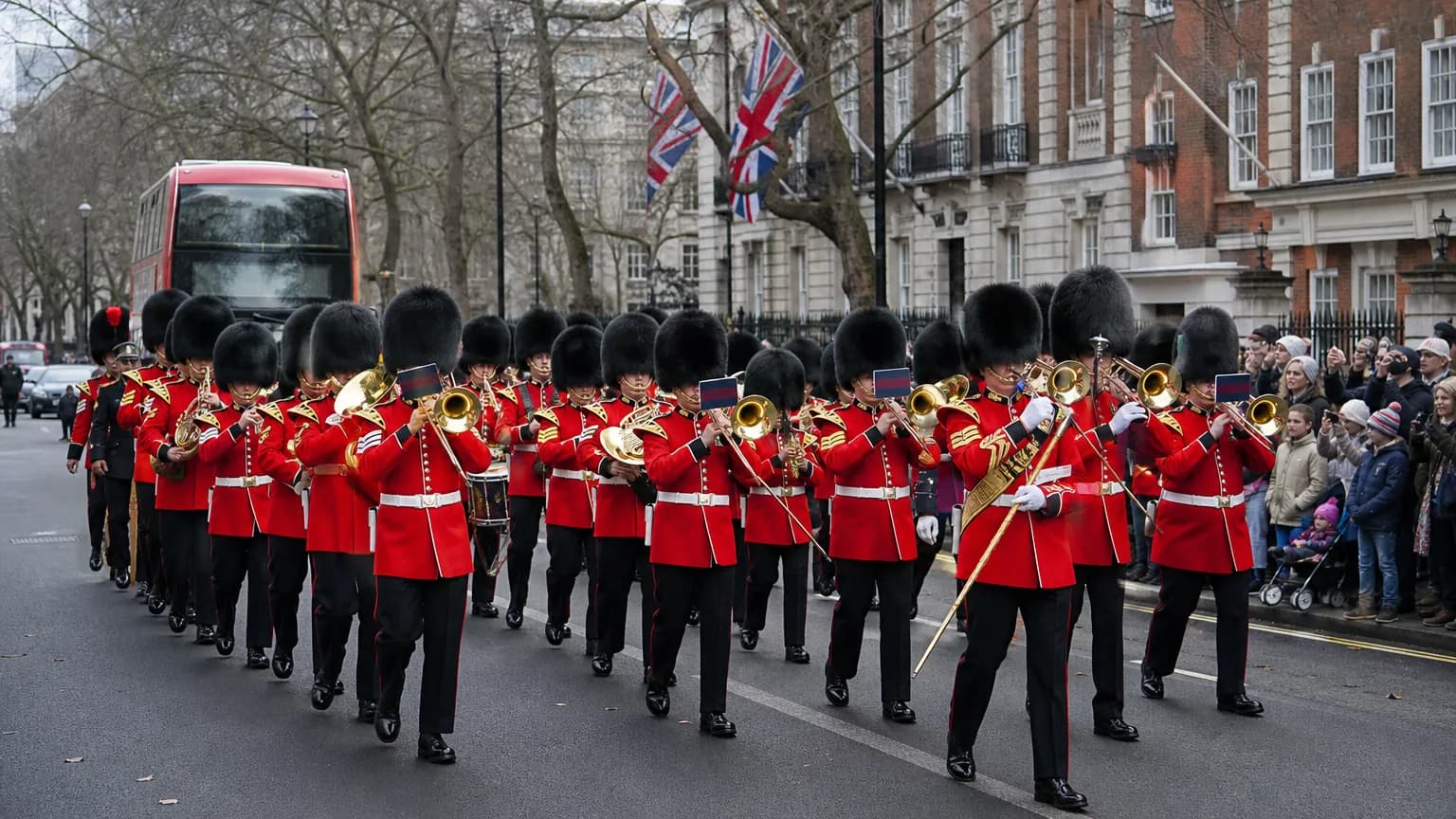 Fanfare en tunique rouge et bonnets à poil défilant dans une rue de Londres, bus rouge et drapeaux Union Jack