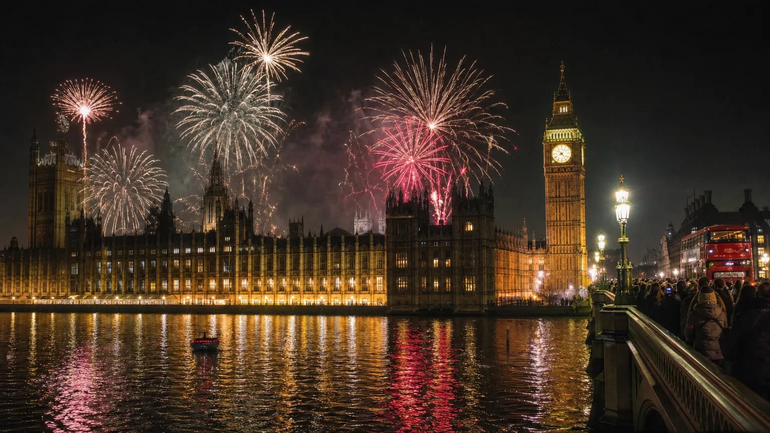 Feux d'artifice sur le palais de Westminster et Big Ben depuis Westminster Bridge, foule sur le pont, Londres