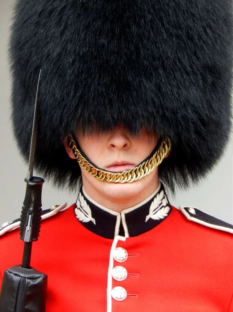 Portrait d'un soldat de la Foot Guards en tunique rouge, bonnet à poil et jugulaire dorée, à Londres