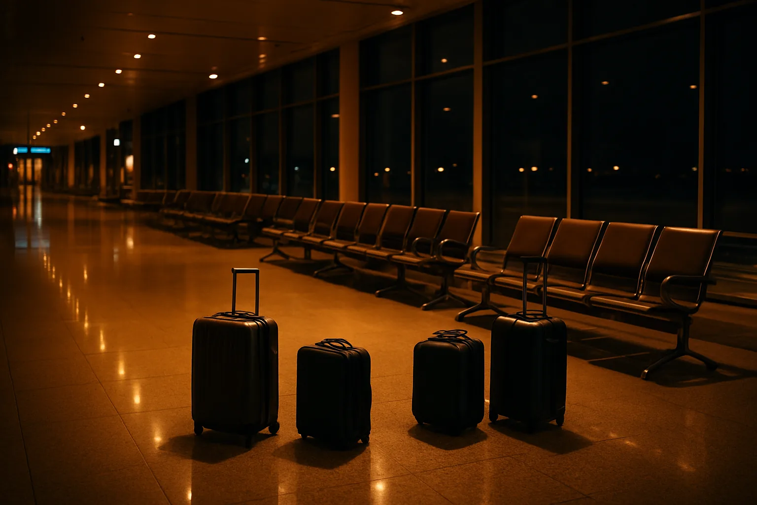 Hall d'aéroport presque vide la nuit, valises posées devant une rangée de sièges