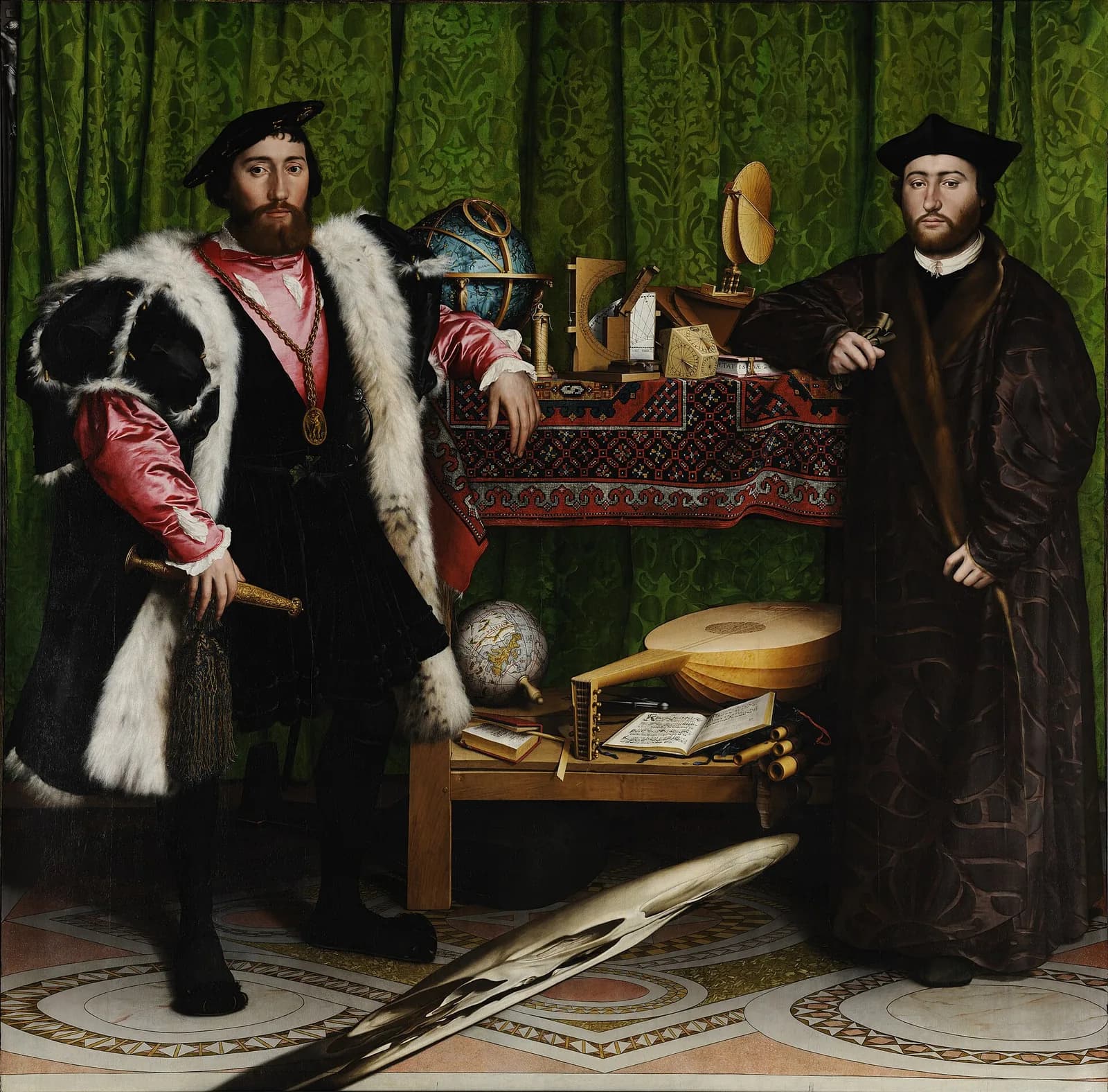 Les Ambassadeurs de Holbein, 1533, avec le crâne en anamorphose au premier plan