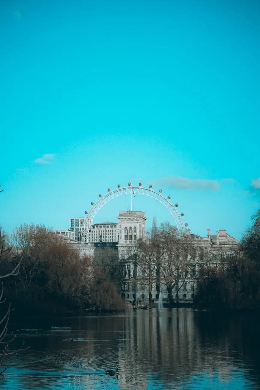 Le lac de St James's Park à Londres, avec la roue du London Eye au-dessus des toits