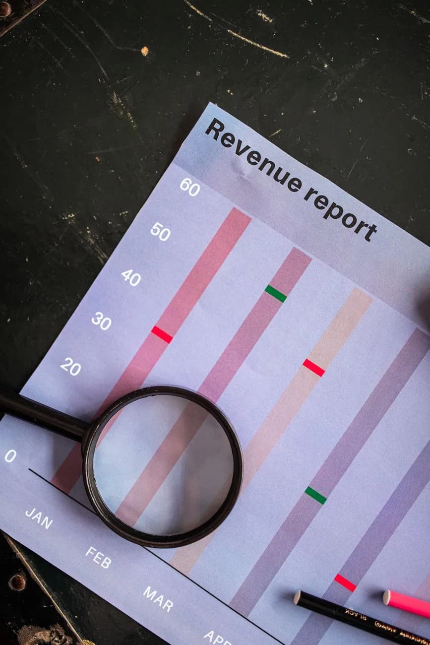 Rapport chiffré examiné à la loupe sur un bureau