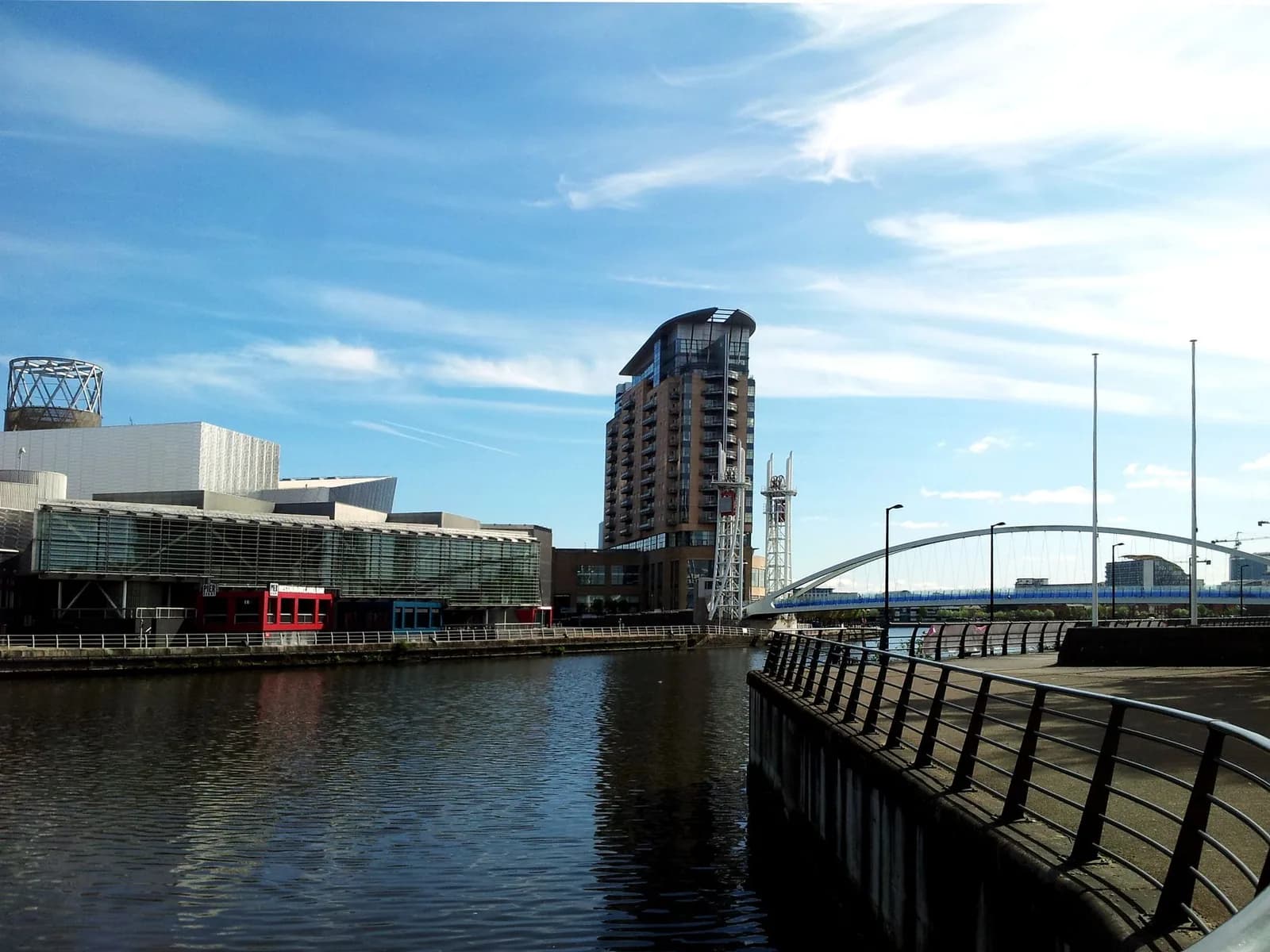 Les quais de Salford : le complexe du Lowry et une passerelle en bord de bassin