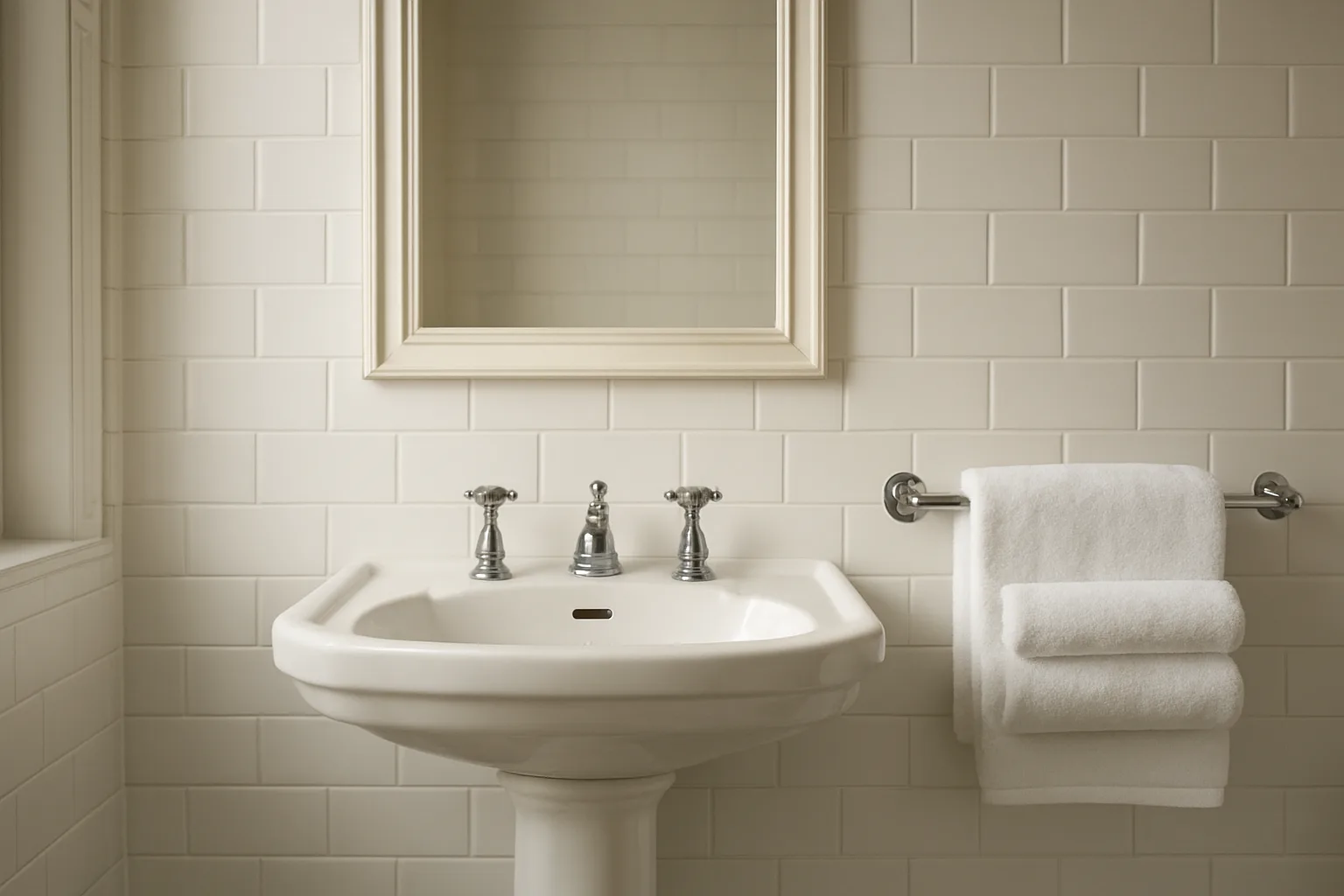 Salle de bain d'hôtel britannique avec lavabo sur colonne, robinets chromés et miroir, sans prise de courant
