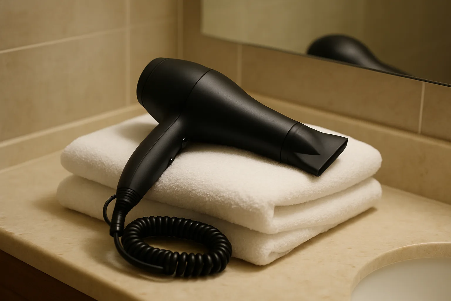 Sèche-cheveux noir posé sur des serviettes blanches dans une salle de bain d'hôtel