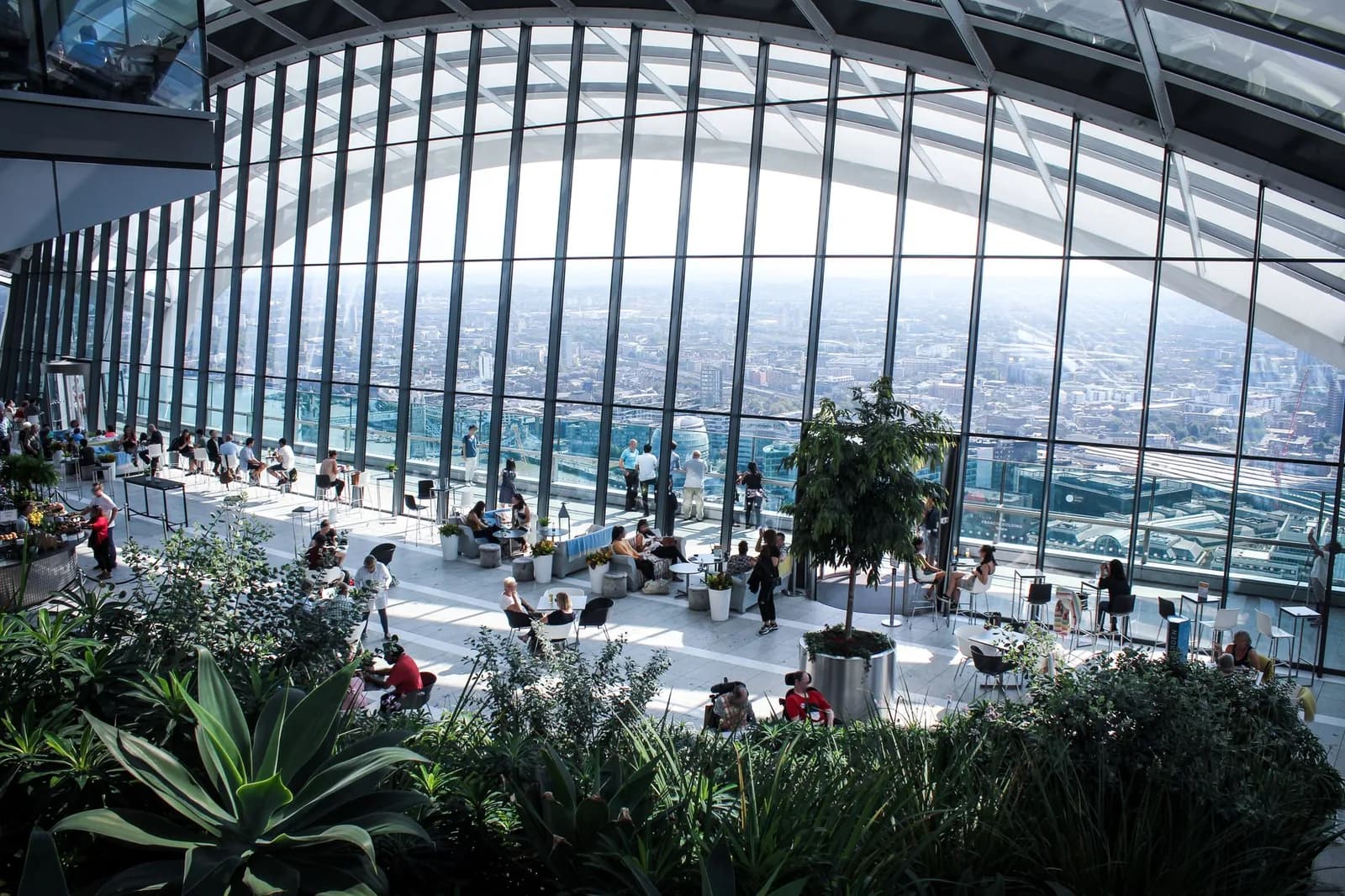 À l'intérieur du Sky Garden, plantes tropicales et tables sous la grande verrière cintrée, avec la ville en fond