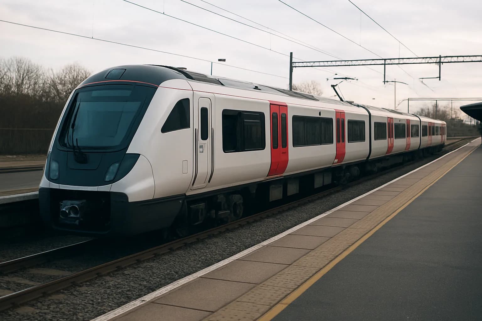 Train de banlieue électrique blanc et gris aux portes rouges, à quai dans une gare britannique