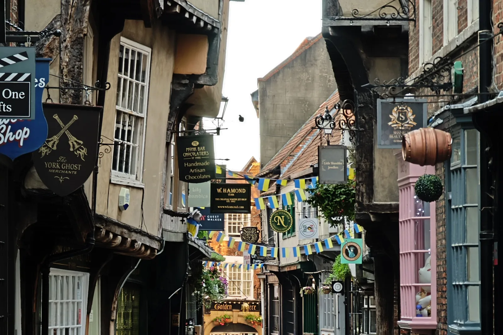 Maisons médiévales en encorbellement et enseignes suspendues dans la rue des Shambles, à York